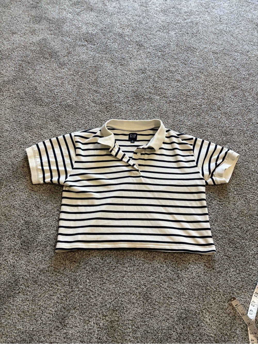 GAP Cream and Navy Striped Cropped Boxy Polo Top